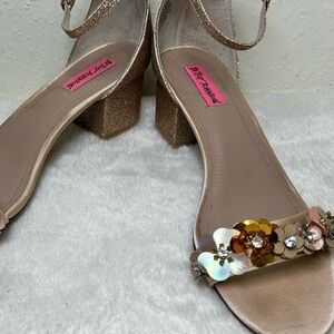 Betsey Johnson Glitter Block Heels with Floral Embellishments